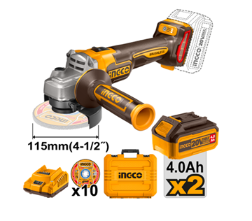 Imagen de Amoladora bateria Ingco 20v Brushless 2 BAT 4amp + Carg + maletin