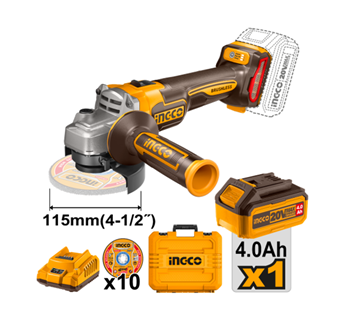 Imagen de Amoladora bateria Ingco 20v Brushless c/BAT 4amp + Carg + maletin